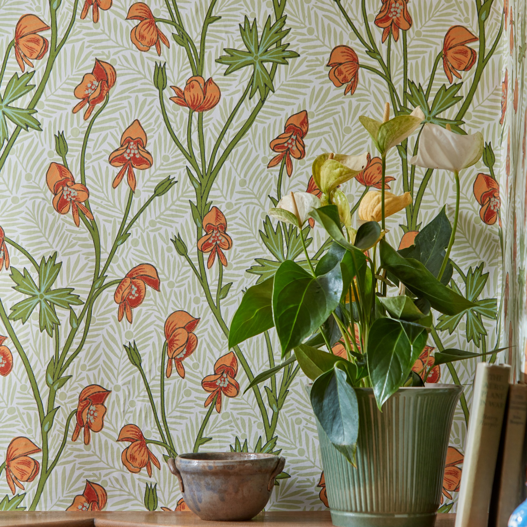 Monkshood Wallpaper 217345 By Morris Co In Tangerine Sage Green